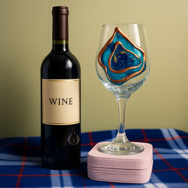 Bottle of wine beside a wine glass with a blue and copper decorative design, on a pink case atop a blue plaid cloth.