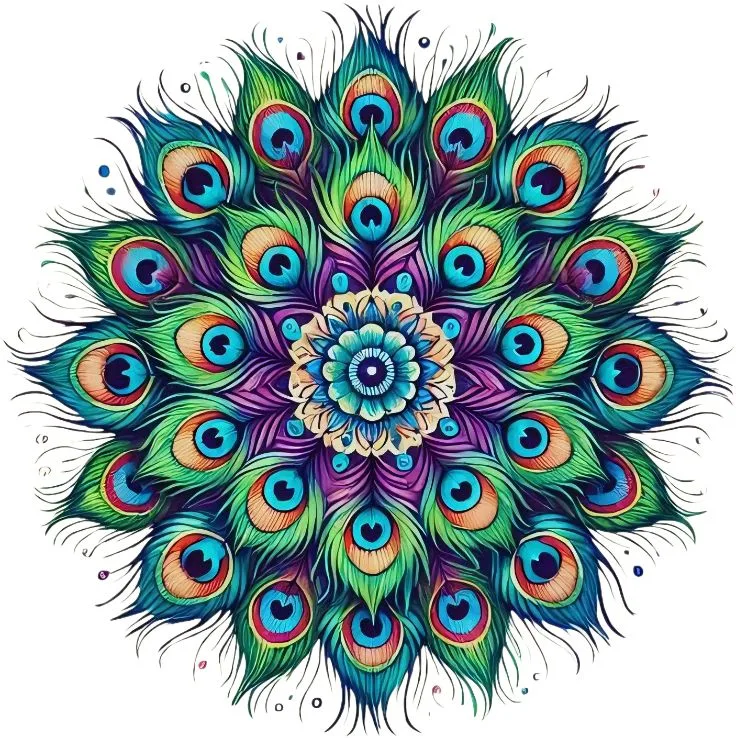 Circular mandala of peacock feathers in blue, green, and purple with eye patterns radiating from a teal center.