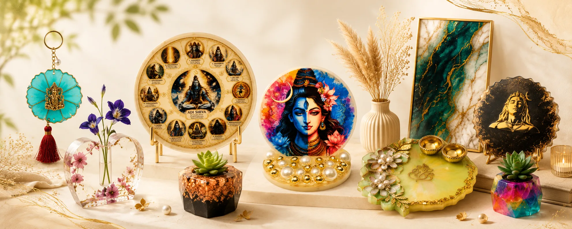 Decorative Hindu altar still life with a circular plate of deities, a colorful goddess plate, turquoise pendant ornament, flowers, succulents, and gold jewelry on light surfaces.